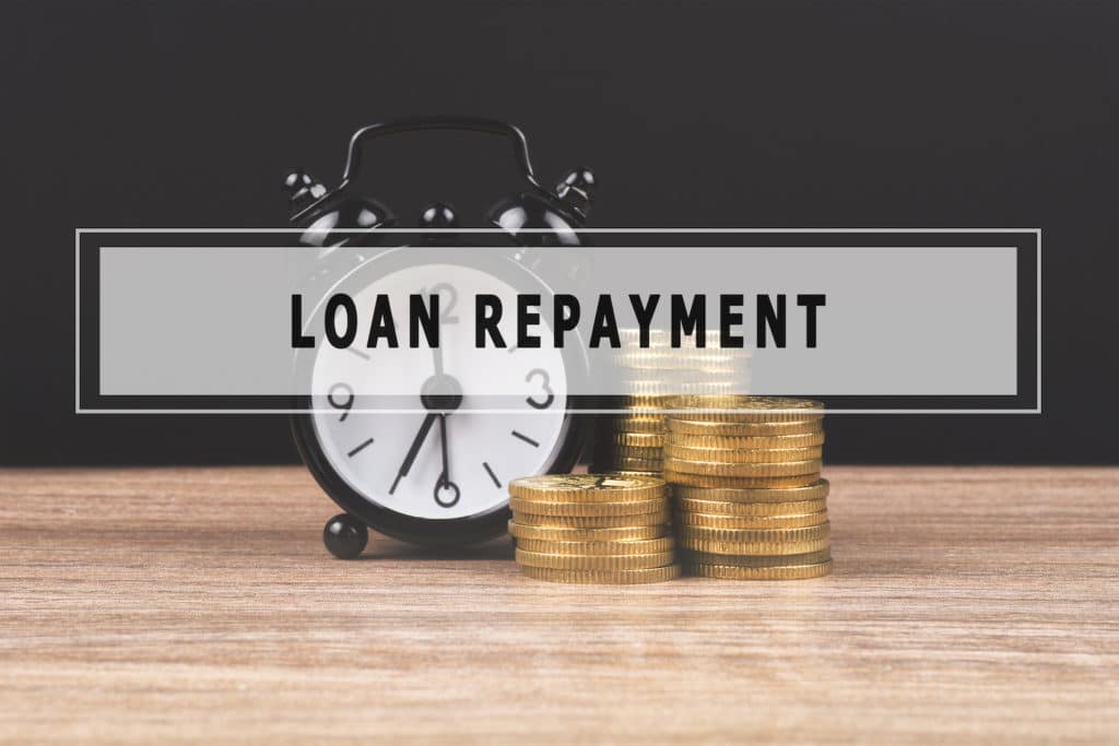 Stack of gold coins and alarm clock with ‘loan repayment’ overlayed.