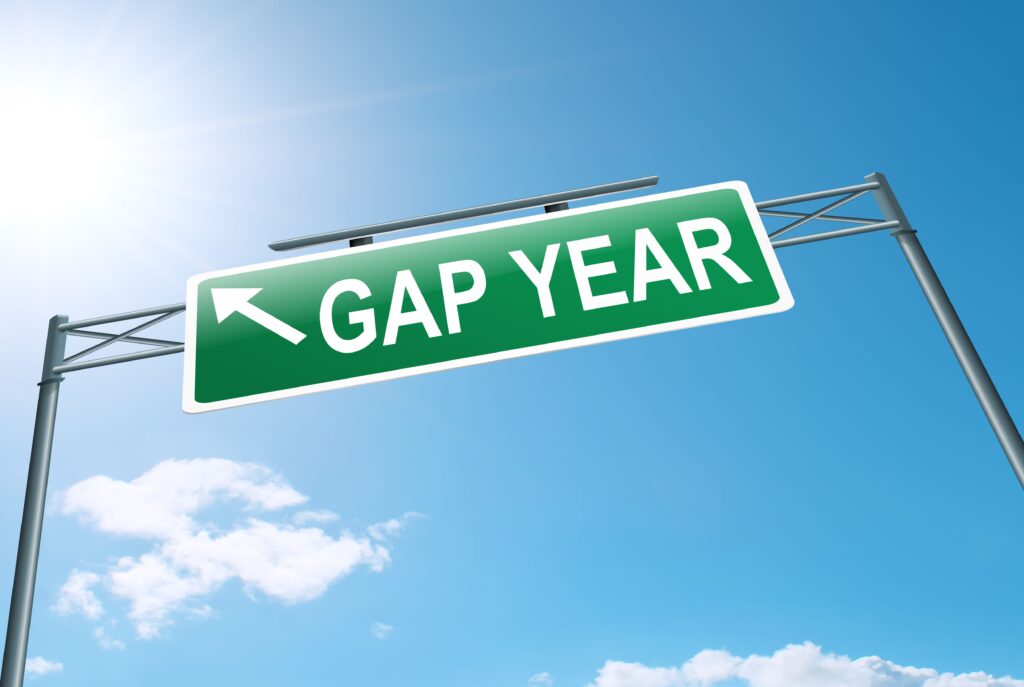 A portrait of a road sign that says, “gap year.”