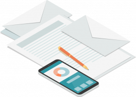graphic of letterhead, pen and phone